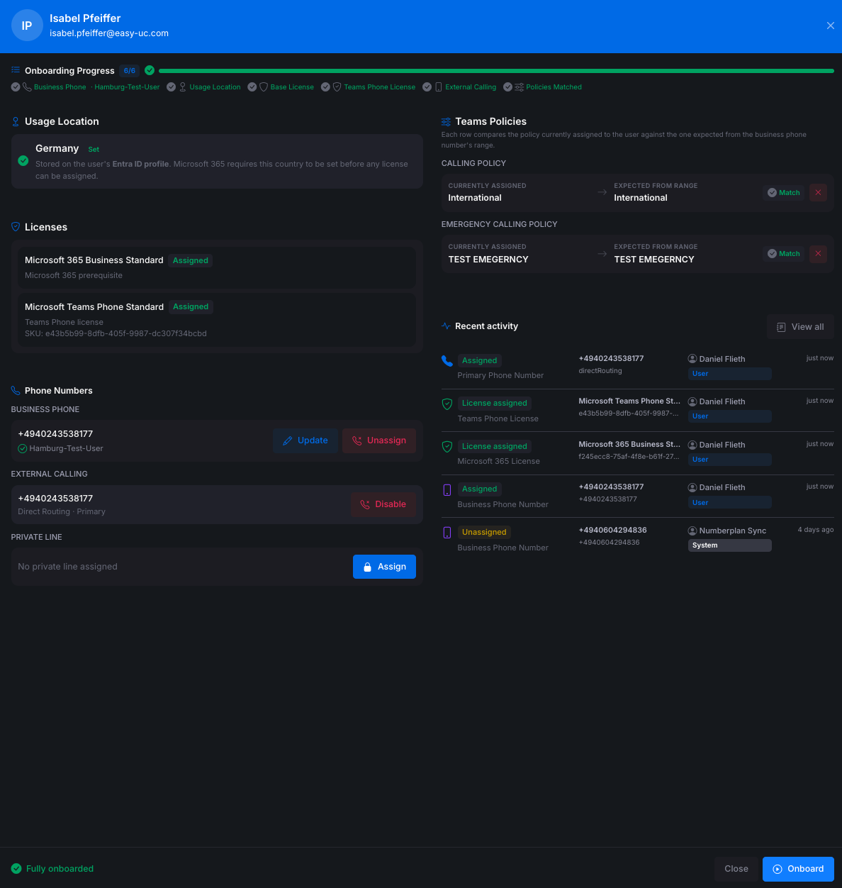 Fully onboarded Teams user with all licenses, policies and phone numbers